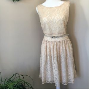 LOFT Peach Lace with Silver Lame Size 4 Dress Cream Lining Cream Belt EUC!